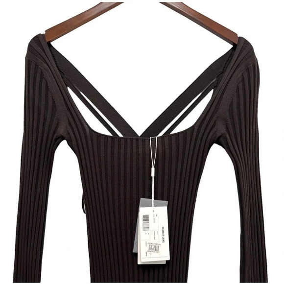 HELMUT LANG Strap Rib-Knit Bodycon Mini Dress Brown Long Sleeve Size M NEW - Picture 4 of 14